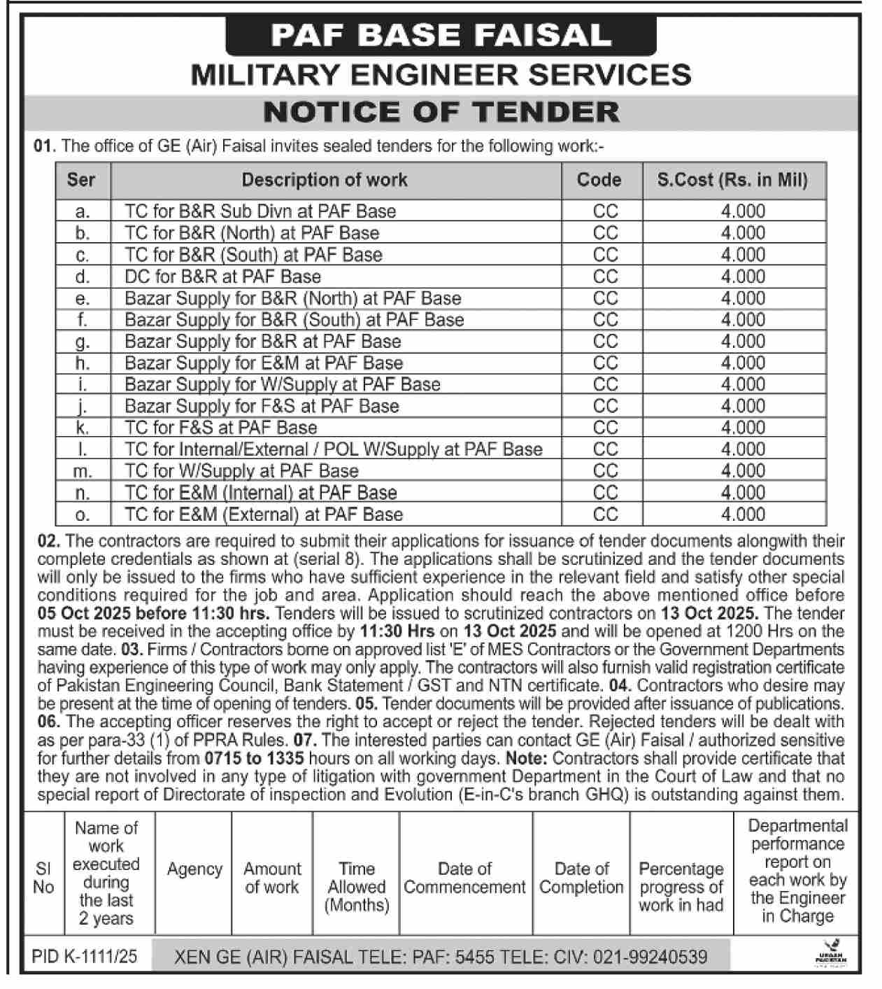 Military Engineer Services Karachi Tender Notice